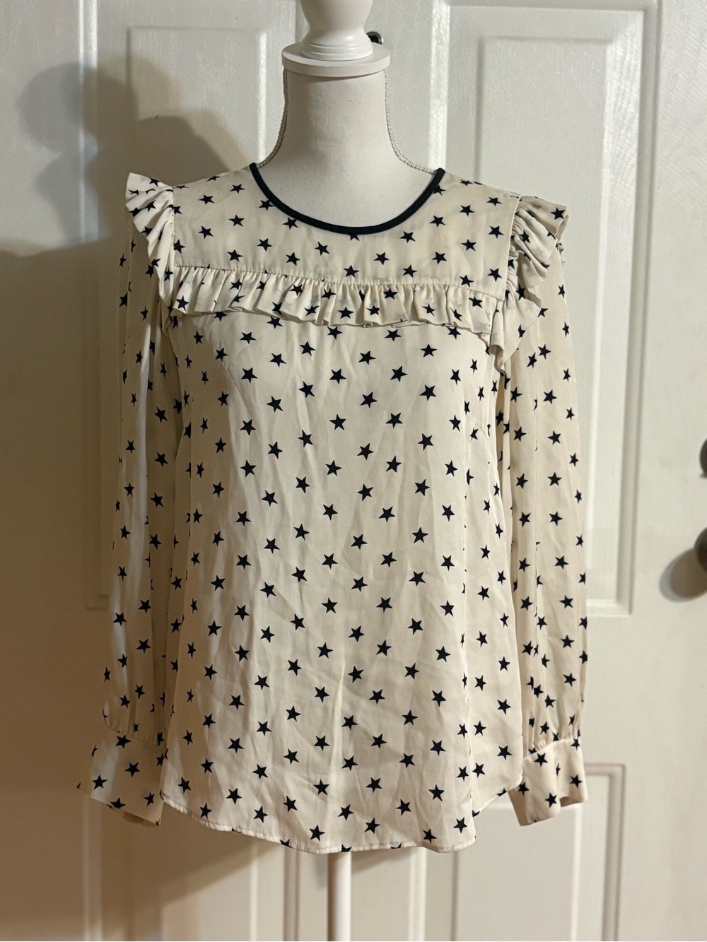 J. Crew Silk Cream Blouse with Navy Star Print and Ruffle Yoke size 2